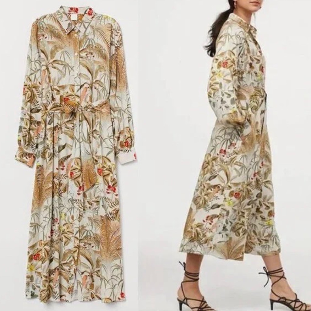 H&M Tropical Shirt Dress With Tie Belt In Light Beige/Leaf Print Sz S